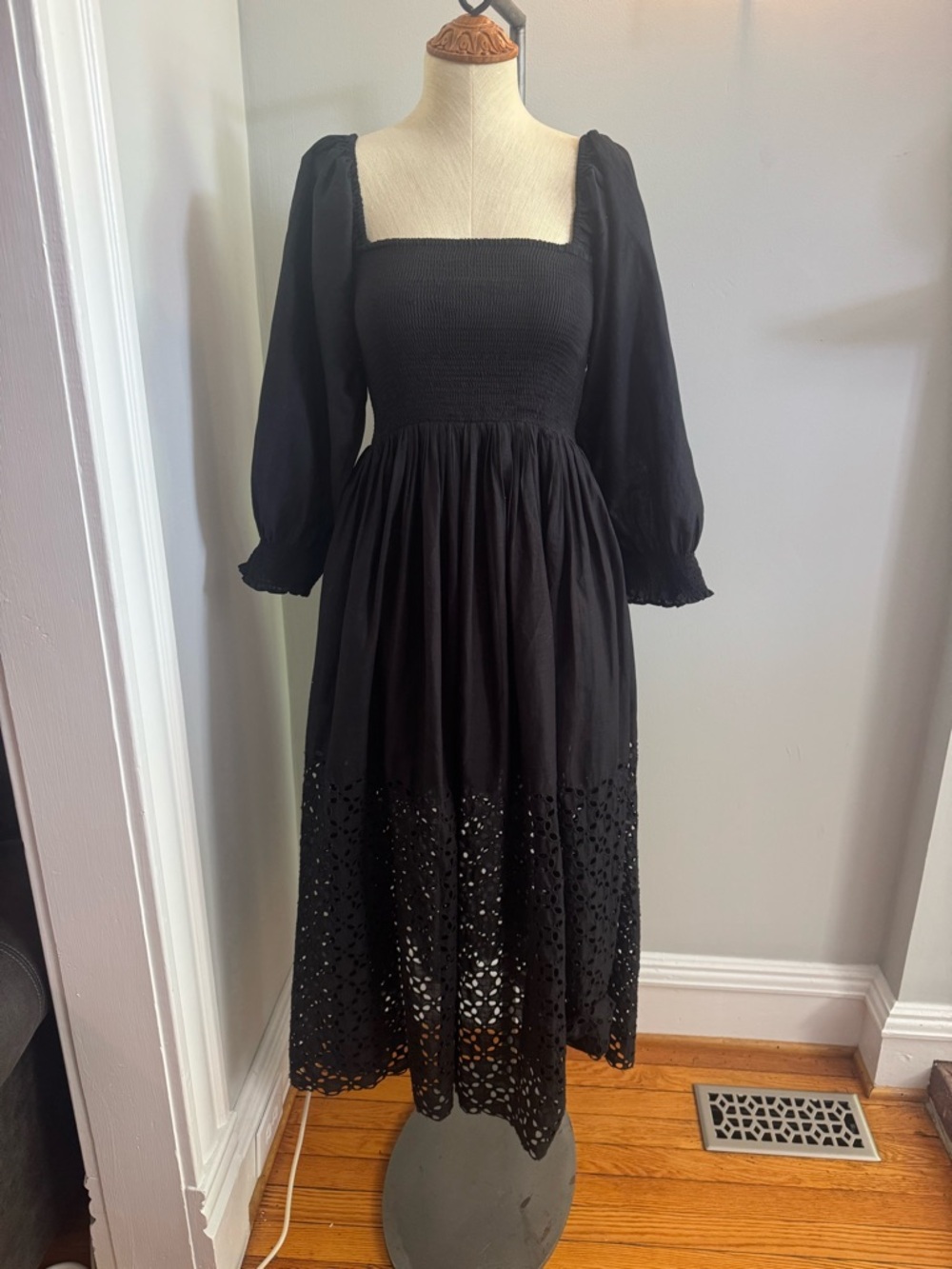 Free People Black Eyelet Midi Dress with Smocked Bodice and Puff Sleeves